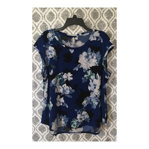 Elle Blue Floral Cap Sleeve Blouse